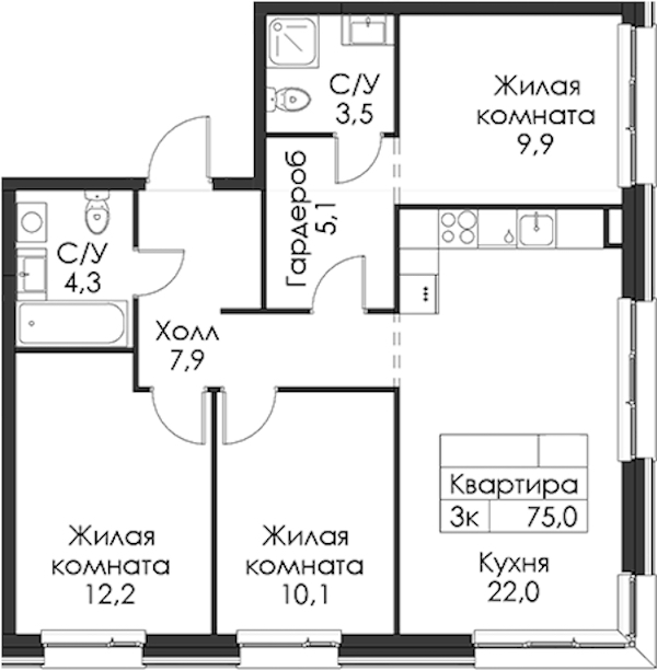 3-комнатная квартира 75 м², 10/12 эт., ЖК «Шкиперский 19»